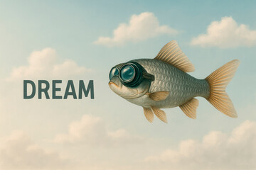 A fish with glasses dreams of flying in the sky.