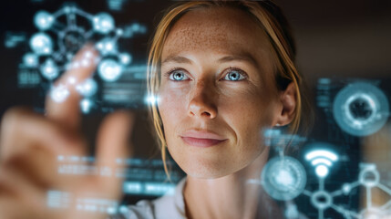 Woman interacting with futuristic digital interface advanced technology artificial intelligence innovation data visualization modern science confident expression high tech environment