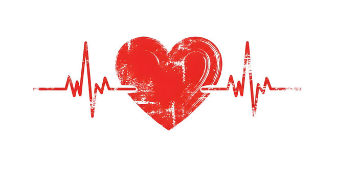 Red painted grunge heart shape with heartbeat lifeline. Creative love and healthcare concept on transparent background for greeting card.