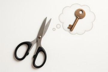 Scissors dream of becoming a key. Space for text.