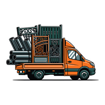 orange truck carrying metal gates and pipes clip art preview