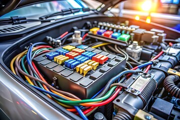 Closeup of a cars electrical system with fuse box and wiring