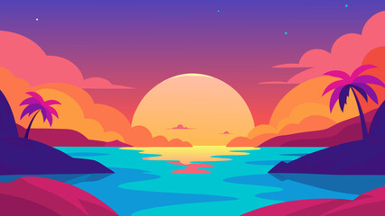 Obraz premium Warm sun descends over the tropical beach, painting the sky and ocean in fiery orange and red hues as waves gently touch the sandy coast