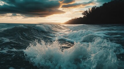 A captivating seascape featuring a dramatic sunset over turbulent ocean waves