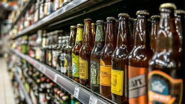 Beer bottles lined up on store shelves