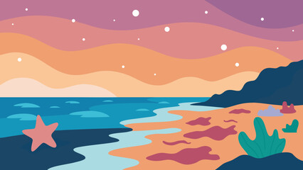 Fototapeta premium Abstract vector illustration of a summer sea landscape with waves, sky, and sun, featuring an artistic floral pattern