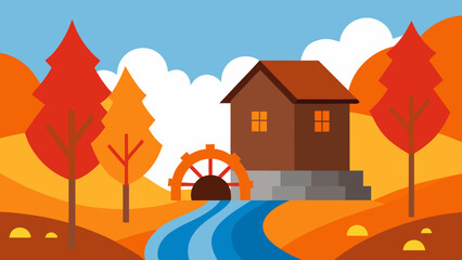 Autumn village landscape with a cozy house, colorful trees, and cloudy sky