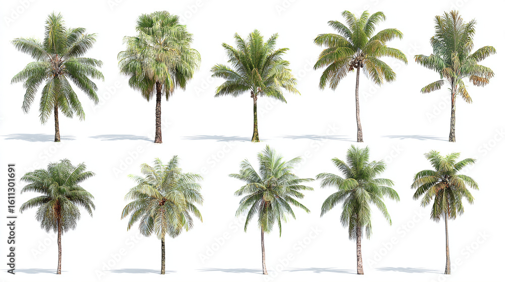 Poster a collection of ten isolated palm trees with varying shapes and sizes on white background