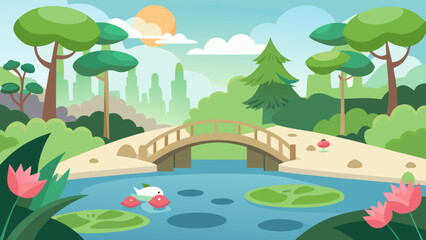 Obraz premium Summer landscape with a flowing river, green trees, and a clear sky