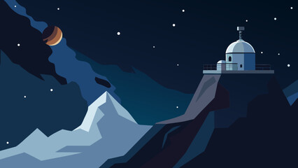 Night winter landscape vector illustration of a house with snow, moon, and stars