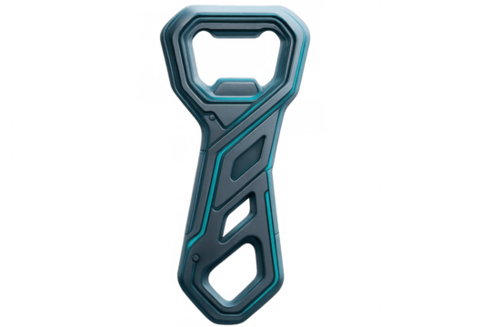 Studio shot of a futuristic metal bottle opener with glowing blue lines, isolated on a transparent background - Powered by Adobe