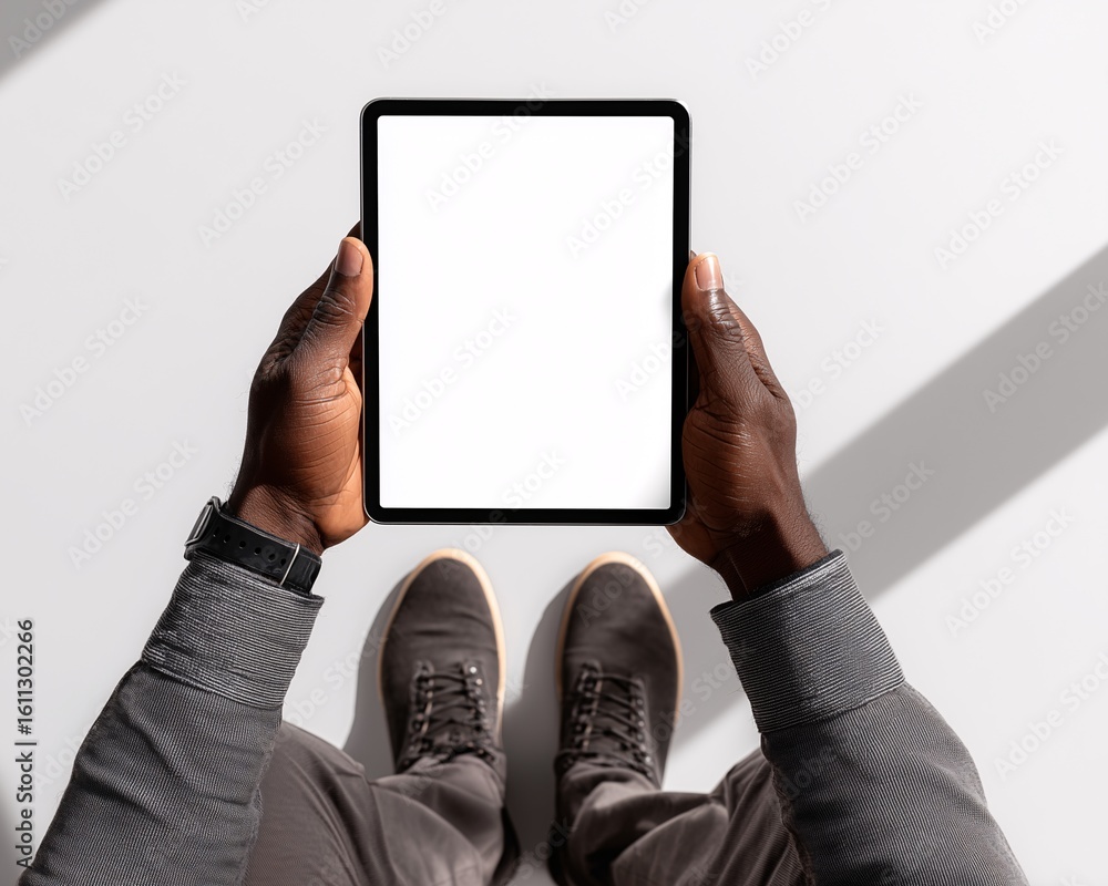 Poster digital device presentation: a close-up perspective unveils hands cradling a digital tablet with a b