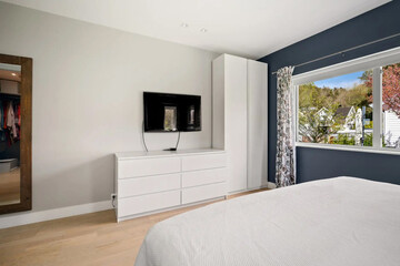 Modern luxury bedroom interior in minimal scandinavian style, 3d render