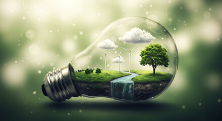 A transparent glass light bulb containing a miniature landscape with a small river, a couple of tiny wind turbines, and a lush green tree