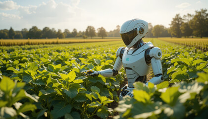 Robotic farming technology revolutionizes crop management green fields visual content agricultural environment close-up viewpoint