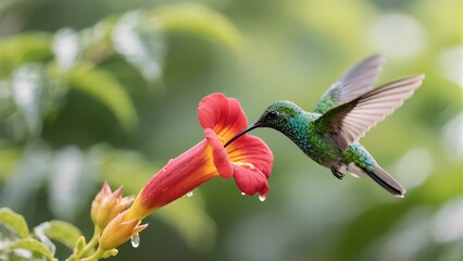 Vibrant green hummingbird feeding on red flower nectar in lush garden