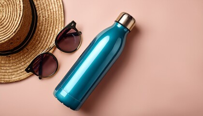 Sun glasses, teal metallic water bottle and a straw hat on light pink neutral background, isolated stylish summer accessories diagonal flat lay