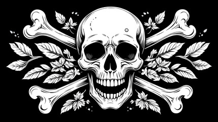 SVG vector of a skull with undersea bone armada theme. Intricate Bone Design with Stylized Leaves in Black and White