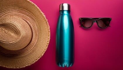 Sun glasses, teal metallic water bottle and a straw hat on fuchsia background, isolated stylish summer accessories flat lay vibrant colors for marketing, advertisement, summer holidays, vacation
