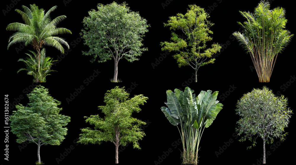 Poster isolated assortment of eight different types of trees against a black background