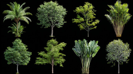 Isolated assortment of eight different types of trees against a black background