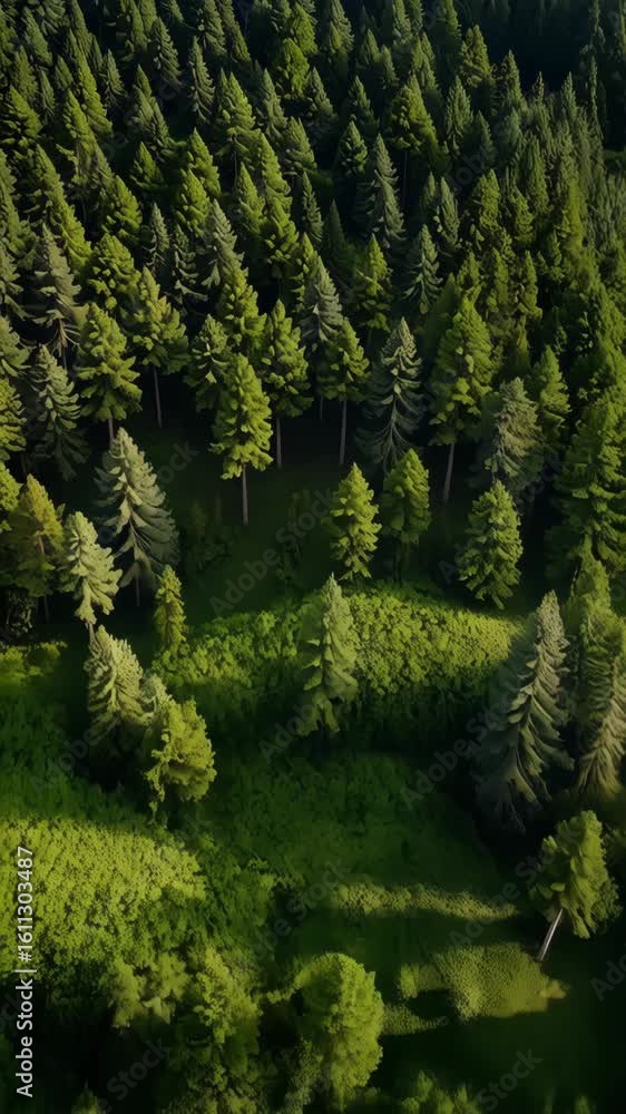 Poster aerial view of a dense evergreen forest filled with vibrant green fir and pine trees creating a text