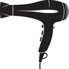 A simple black and white illustration of a hair dryer on a white background in a minimalist style