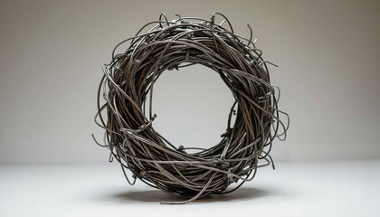 Metal wire round sculpture in minimalist style on white background with copy space
