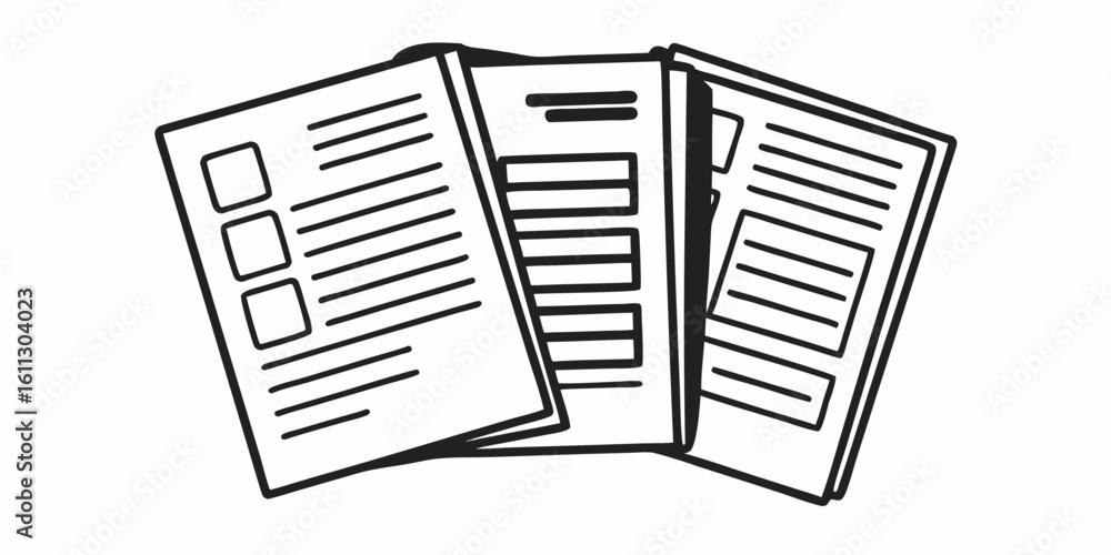 Poster a stack of papers with lines and boxes representing forms and documents in a simple black and white 