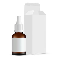 Realistic vector illustration of brown dropper bottle with open white box. Ideal for branding essential oils, serum, herbal medicine, or cosmetic product. Clean isolated mockup