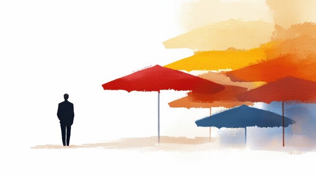 Surreal silhouette of a businessman standing under colorful umbrellas in a vibrant artistic landscape