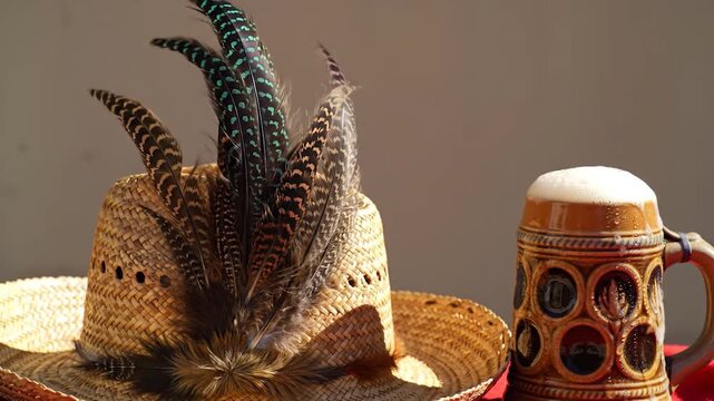 Oktoberfest still life feathered hat and beer stein