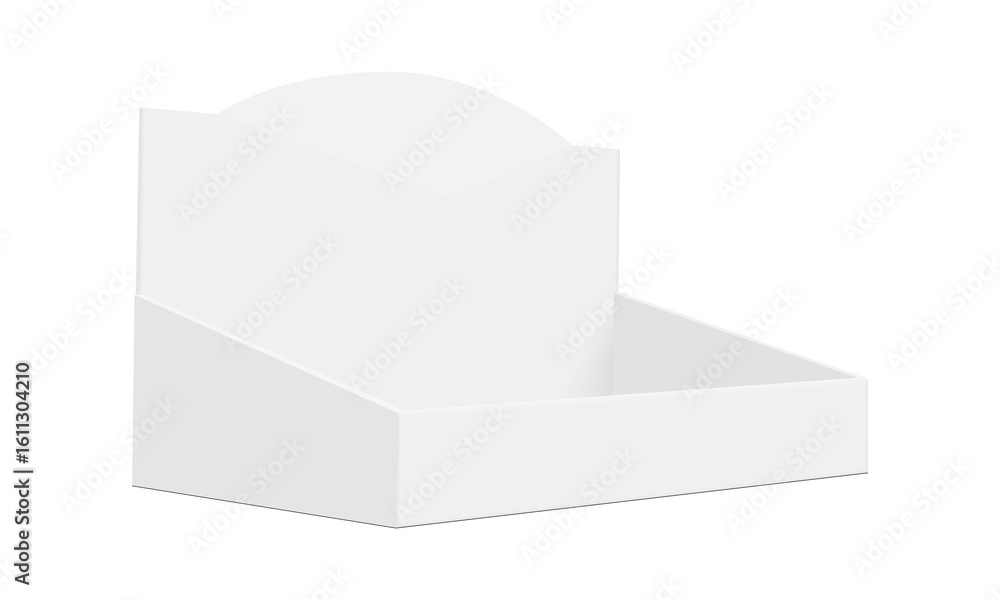 Poster blank counter display box mockup, side perspective view. ideal for showcasing small products or broc