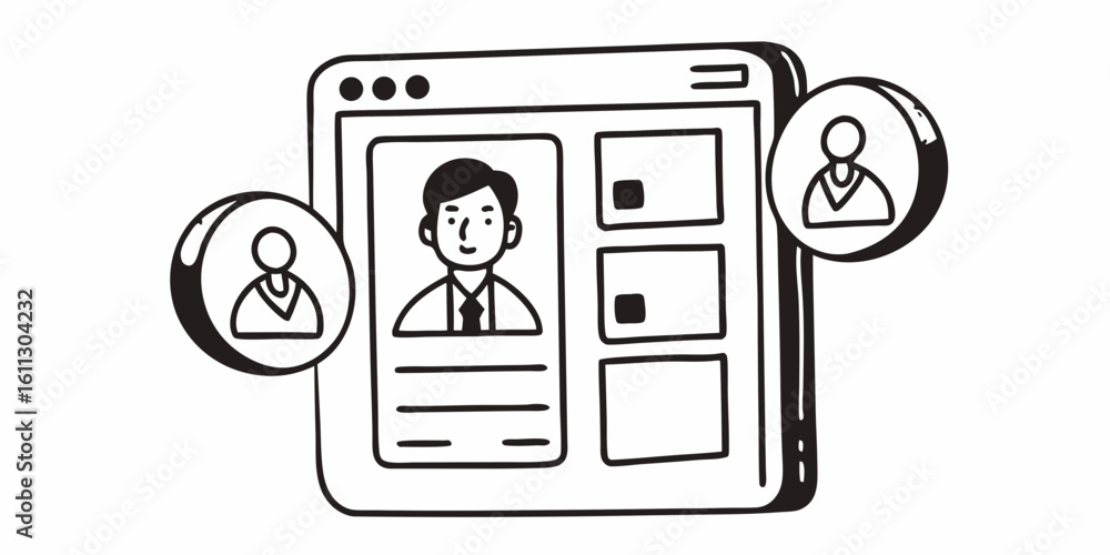 Poster illustration of a profile page on a website with user icons and a man with a tie inside