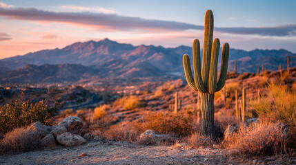 A saguaro cactus stands tall in the desert landscape at sunset with mountains behind it
