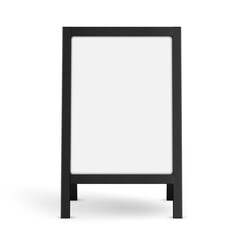 Blank A-frame sandwich board mockup. Ideal for street advertising, cafe menu display, or studio signage. Minimalist black frame, isolated on white, front view