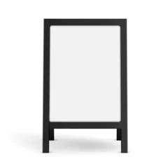 Gordijnen Blank A-frame sandwich board mockup. Ideal for street advertising, cafe menu display, or studio signage. Minimalist black frame, isolated on white, front view © Evgeniy Zimin