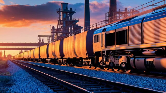 Freight Train in Motion Silhouetted Industrial Structures at Sunset on Vibrant Tracks, Capturing Dramatic Scene and Industry