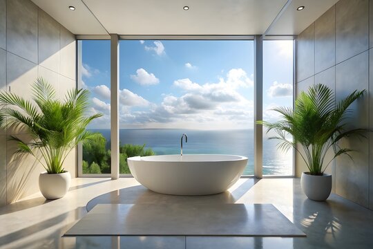 Fototapeta Modern bathroom with a bathtub overlooking the ocean
