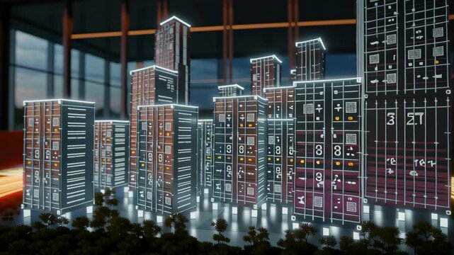 Futuristic City Model with Illuminated Skyscrapers and Glowing Pathways in Modern Interior Setting at Sunset