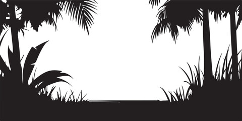 Jungle Silhouette Vector Graphic, Tropical Forest Black and White Art