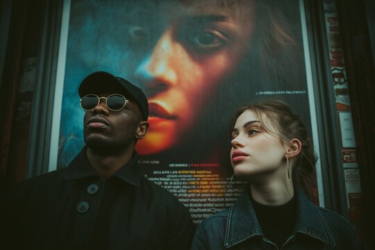 Movie Poster Mood: A captivating moment is frozen in time as two people gaze towards the side in front of a captivating movie poster.