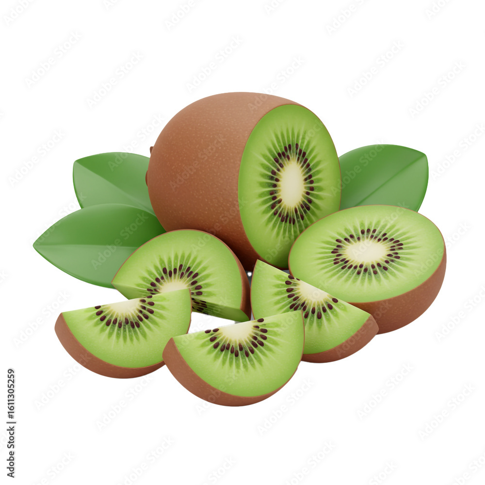 Poster a vibrant display of fresh kiwi fruit featuring whole and sliced pieces with lush green leaves creat