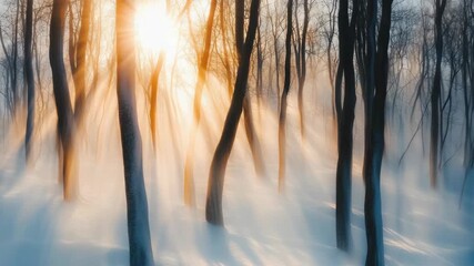 Peaceful winter scene with sunbeams on snow-covered trees. - Powered by Adobe