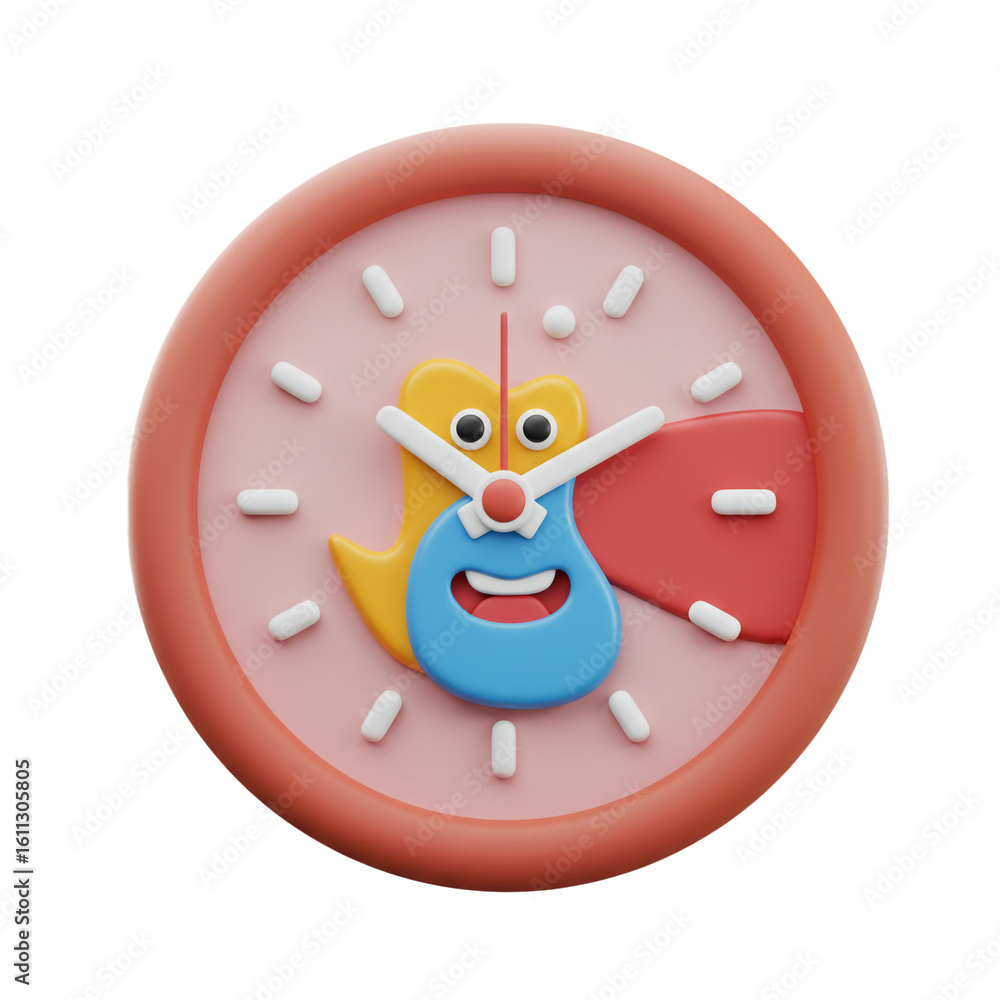 Poster whimsical cartoon clock with a smiling face and playful design elements suggesting time and fun in a