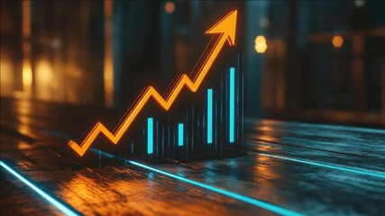A futuristic digital display showing stock market growth on a table. - Powered by Adobe