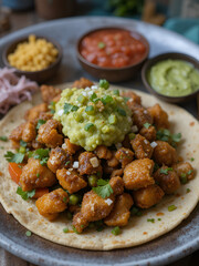 Fried Chicken Vegetables Chicharron Picadera Crispy Fried Chicken Mix Vegetables Accompanied Flavorful Chicharron for a Perfect Snack. Pollo Frito Verduras Chopped Carnitas with Guacamole and Salsa
