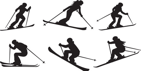 Silhouette Skiing: Winter Sport, Downhill Skier Vector Graphics