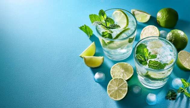 chilled mojito or gin and tonic with lime mint ice blue background summer vibe