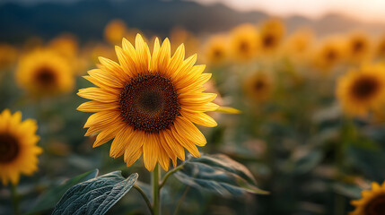 A vibrant sunflower field basking in the golden light of a hazy summer morning